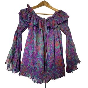 Ramy Brook 100% Viscose Floral Multicolor with Ruffles and Bell Sleeves Blouse